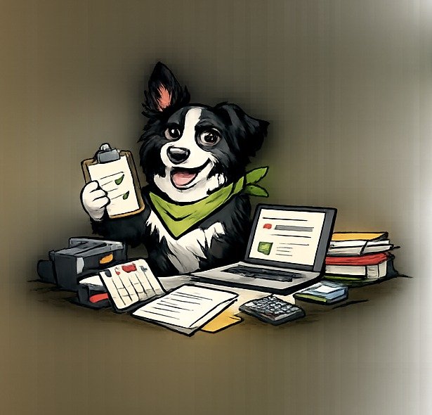 ScoutCollie organizing a clipboard, laptop, documents and business tools